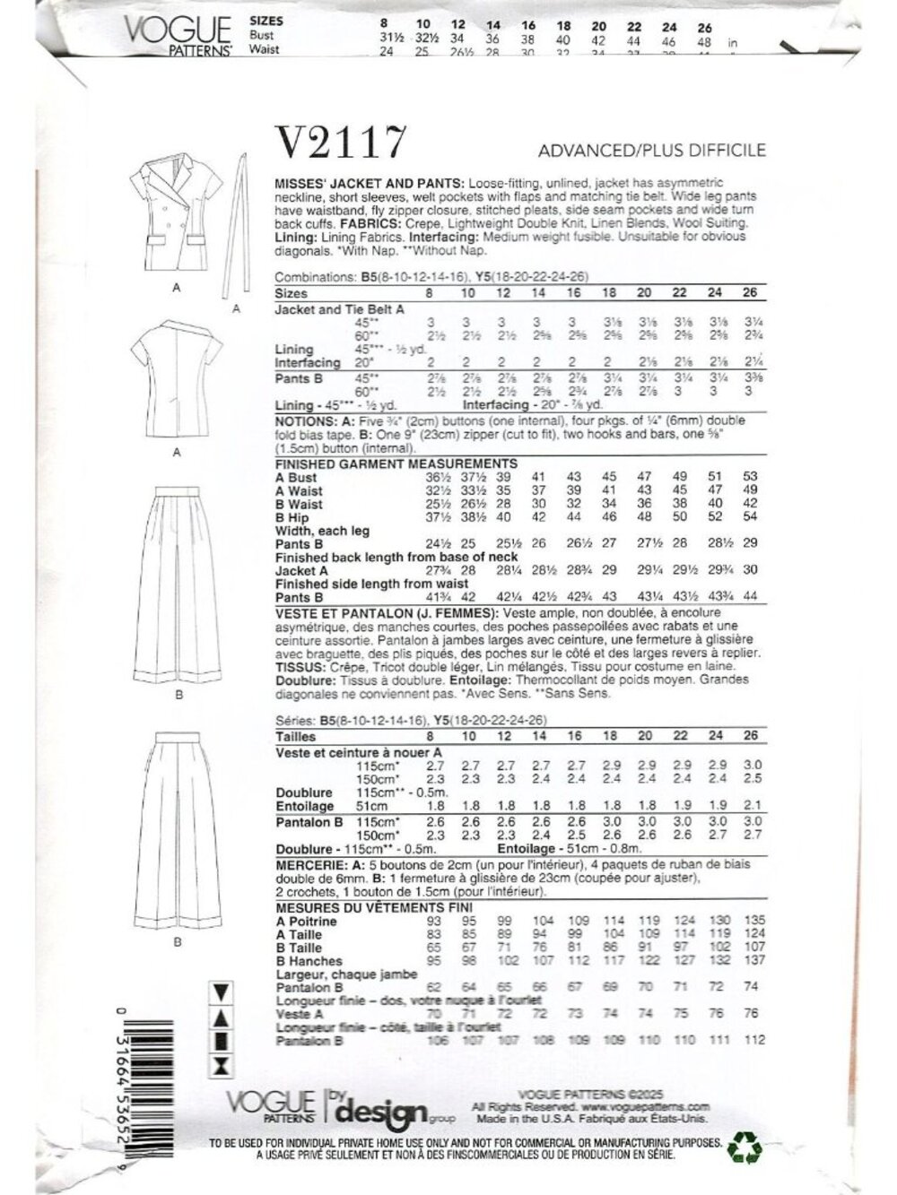 Vogue V2117 Womens 18 to 26 Jacket and Pants Uncut Sewing Pattern - Picture 3 of 3